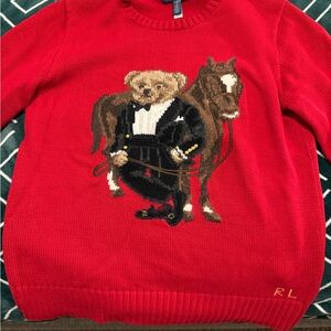 Ralph Lauren Red Crewneck Sweater with Bear & Horse Intarsia